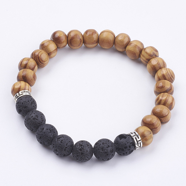 

PandaHall Natural Lava Rock Stretch Bracelets, with Wood Beads and Alloy Beads, Burlap Bags, 2-1/8 inch(54mm) Lava Rock