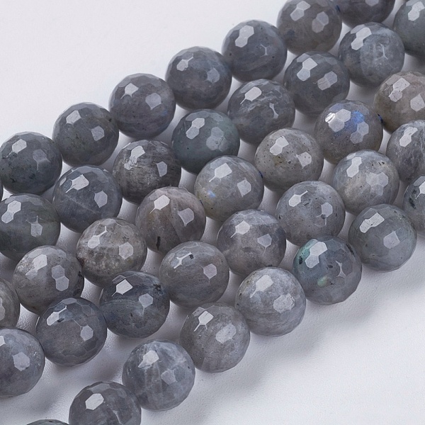 PandaHall Natural Labradorite Beads Strands, Faceted, Round, Gray, 8mm, Hole: 1mm, about 50pcs/strand, 15.5 inch Larvikite Round Gray