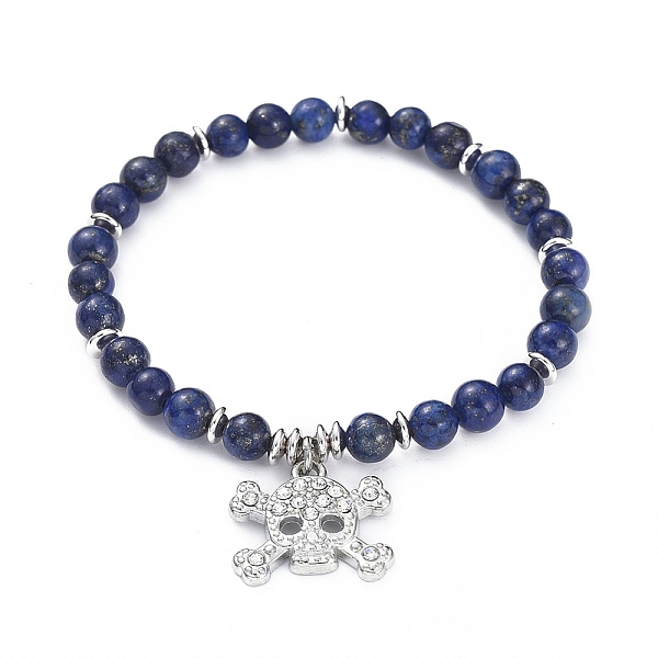 

PandaHall Natural Lapis Lazuli(Dyed) Stretch Charm Bracelets, with Platinum Plated Brass Spacer Beads and Alloy Rhinestone Pendants, Skull...