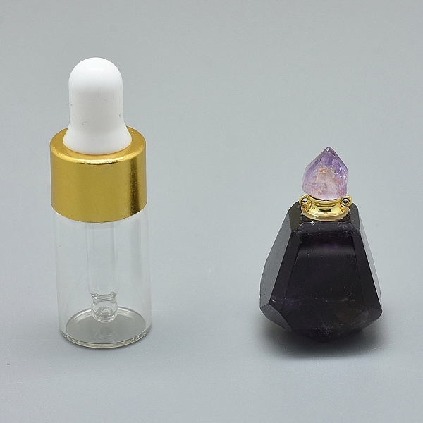 PandaHall Faceted Natural Amethyst Openable Perfume Bottle Pendants, with Brass Findings and Glass Essential Oil Bottles, 33~37x18~22mm...