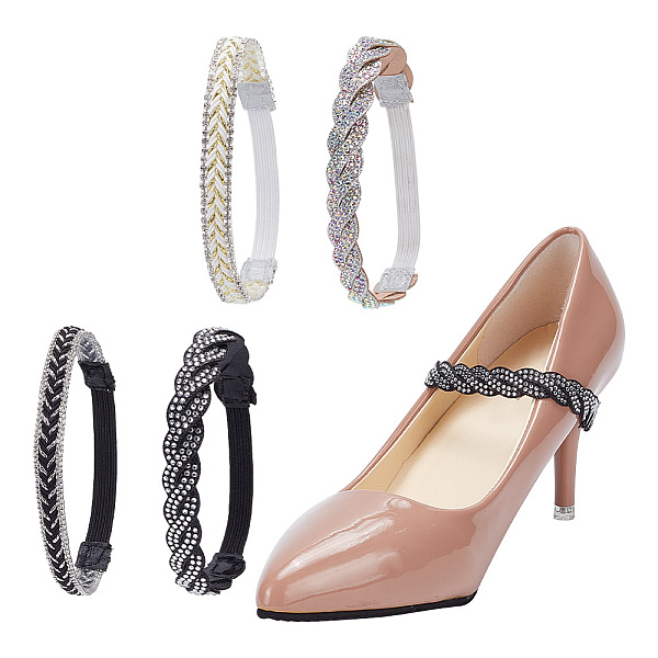 PandaHall GOMAKERER 4 Sets 4 Style Glittered Braided Rhinestone Anti-Loose Shoelace for High-heeled Shoes, with Polyester Elastic Belts &...