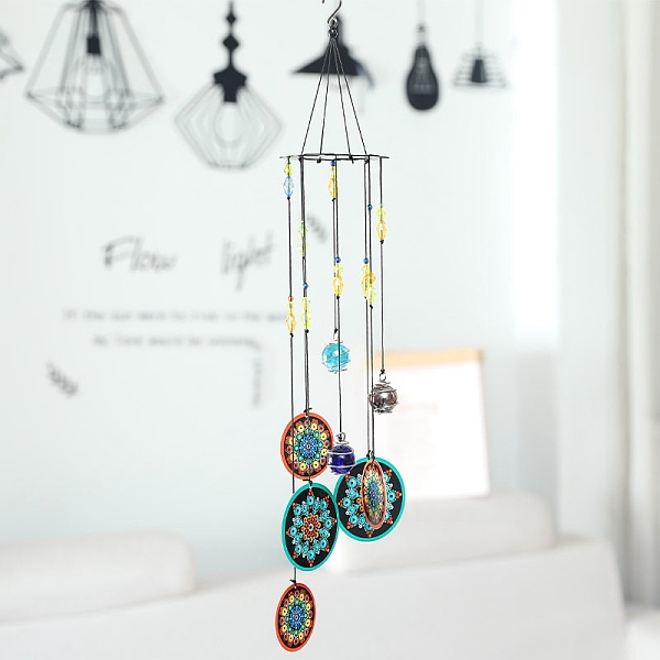 

PandaHall Printed Iron Wind Chime, with Glass Beads, for Outdoor Garden Home Hanging Decoration, Flower, 580mm Iron Flower