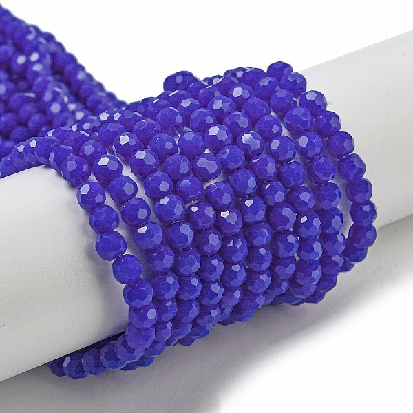

PandaHall Opaque Glass Beads Stands, Faceted(32 Facets), Round, Royal Blue, 4mm, Hole: 0.7mm, about 87~93pcs/strand, 32~33cm Glass Round