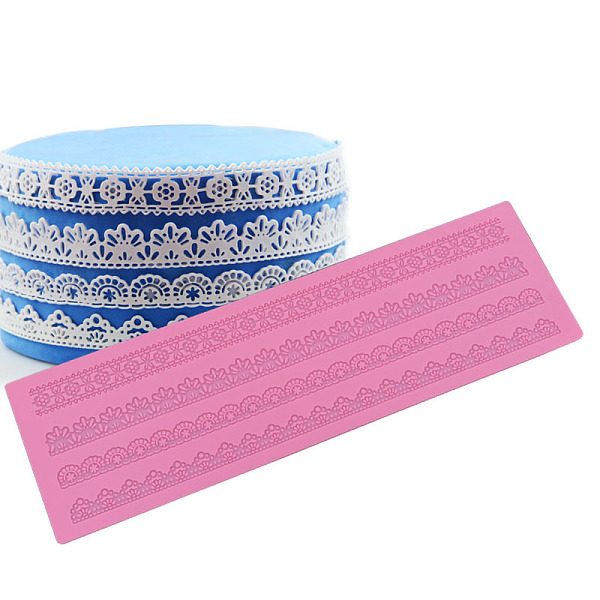 PandaHall Silicone Embossing Lace Fondant Moulds, Rectangle with Lace Pattern, Lace Mat For DIY Cake Bakeware, Hot Pink, 388x120x2mm...
