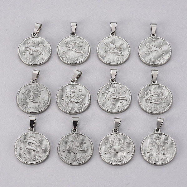

PandaHall 304 Stainless Steel Pendant Sets, Flat Round with Twelve Constellation/Zodiac Sign, Stainless Steel Color, 29x25x3.2mm, Hole...