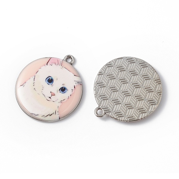 

PandaHall Printed Alloy Pendants, Platinum, Flat Round with Cat Charm, Misty Rose, 28x25x3mm, Hole: 1.8mm Alloy Flat Round