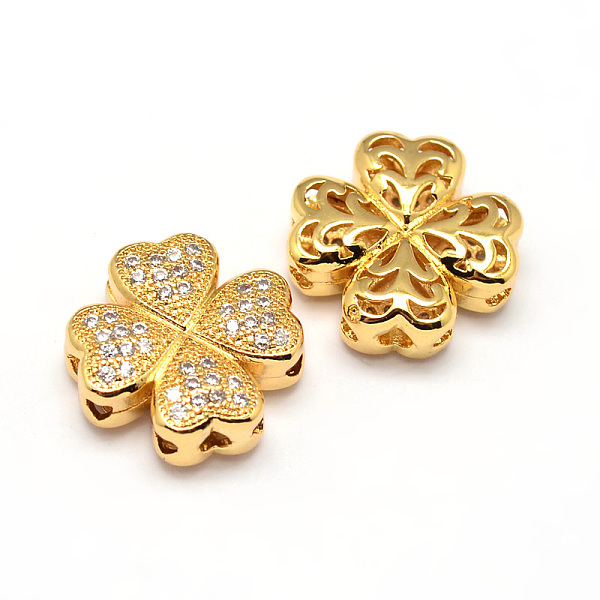 

PandaHall Clover Brass Micro Pave Cubic Zirconia Beads, Clear, Real 18K Gold Plated, 14x14x5mm, Hole: 1mm Brass+Cubic Zirconia Clover Clear