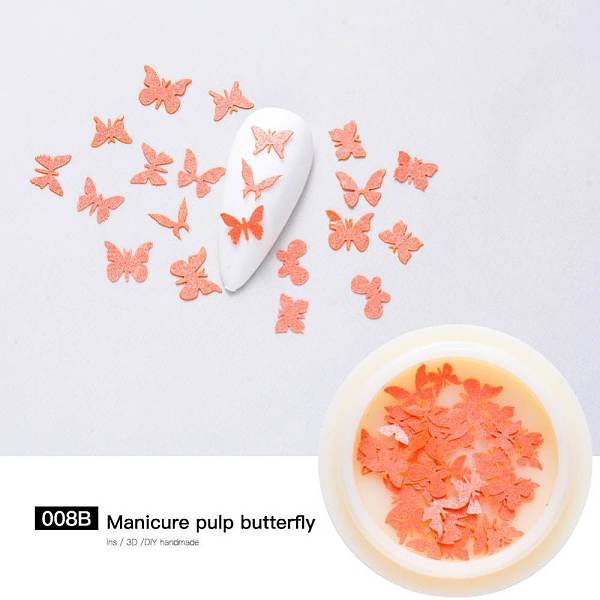 PandaHall Paper Cabochons, Nail Art Decorations, Lifelike Butterfly, Light Coral, 3~5x4~7x0.1mm, about 50pcs/box Paper Butterfly Red