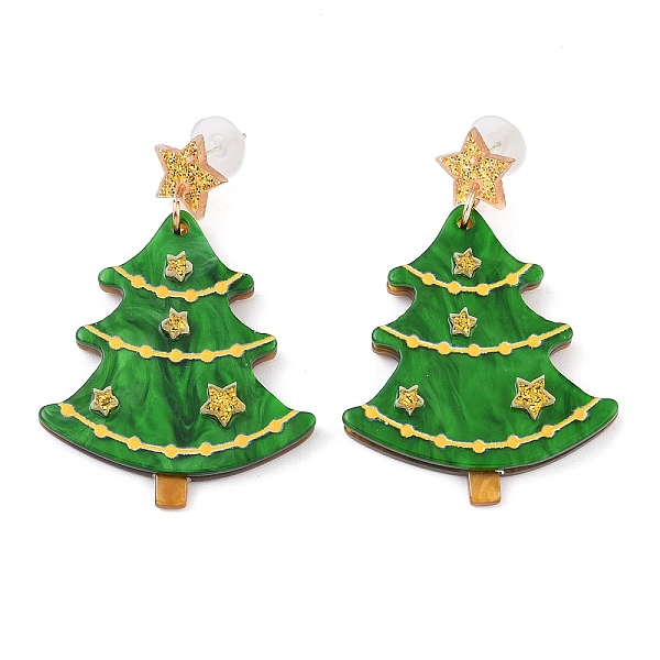 

PandaHall Glitter Star Christmas Tree Acrylic Dangle Stud Earrings, Alloy Jewelry for Women, Green, 57x40.5mm Acrylic Christmas Tree Green