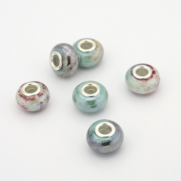 

PandaHall Rondelle Handmade Porcelain Large Hole European Beads, with Platinum Plated Brass Double Cores, Aquamarine, 15x10mm, Hole: 5mm..., Green