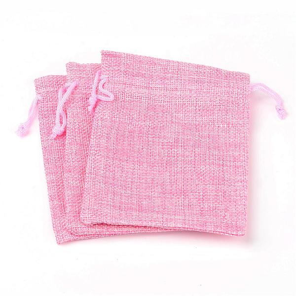 polyester imitation burlap packing pouches drawstring bags, flamingo, 13.5x9.5cm