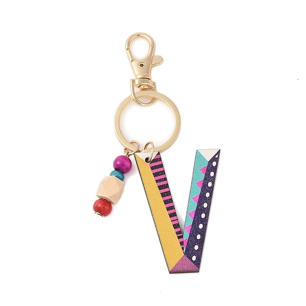 

PandaHall Wood Keychain, with Dye & Iron Key Ring, Letter V, 11.6~12.1cm Wood Letter V