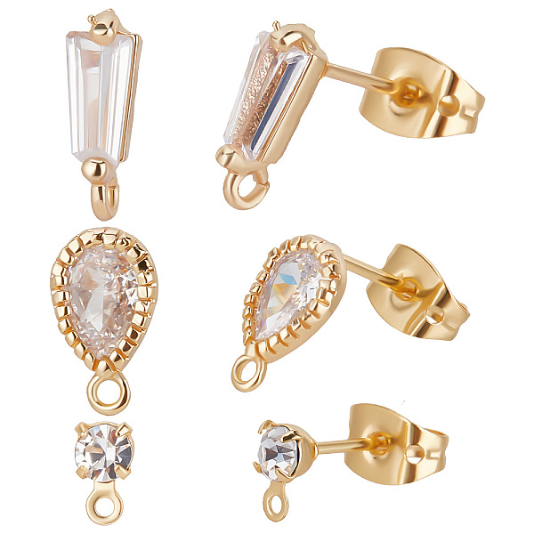

PandaHall Beebeecraft 30Pcs/Box 3 Style 18K Gold Plated Stud Earrings Teardrop Flat Round Trapezoid Cubic Zirconia Earring Posts with Loop...
