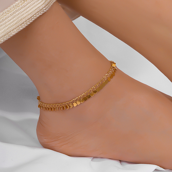 

PandaHall Beach Style Brass Heart Charm Anklets, Adjustable Anklets for Women, Gold Plated Brass Heart