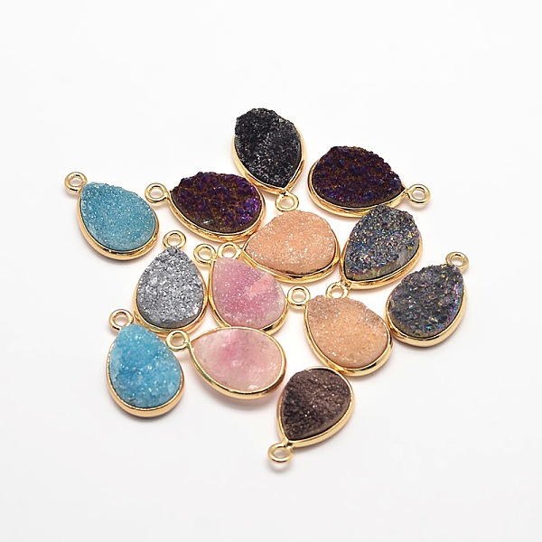 

PandaHall Electroplate Natural Druzy Crystal Charms, with Golden Tone Brass Findings, teardrop, Dyed, Mixed Color, 18x12x3~5mm, Hole: 2mm..., Multicolor