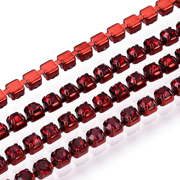 

PandaHall Electrophoresis Iron Rhinestone Strass Chains, Rhinestone Cup Chains, with Spool, Siam, SS6.5, 2~2.1mm, about 10yards/roll..., Red