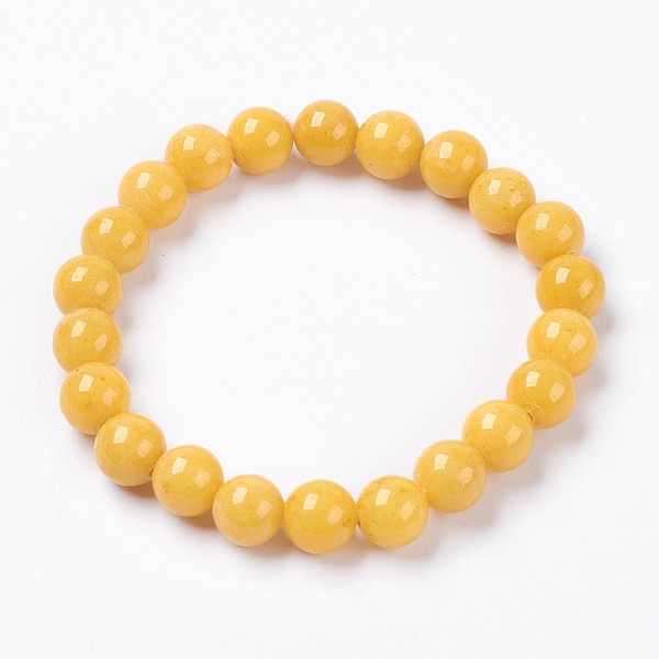 

PandaHall Natural Mashan Jade Beaded Stretch Bracelet, Dyed, Round, Gold, 2 inch(5cm), Beads: 14mm Jade Gold