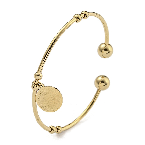 

PandaHall Vacuum Plating 202 Stainless Steel Disc Charm Open Cuff Bangles for Women, Golden, Inner Diameter: 1-7/8x2-1/4 inch(4.8x5.8cm)...