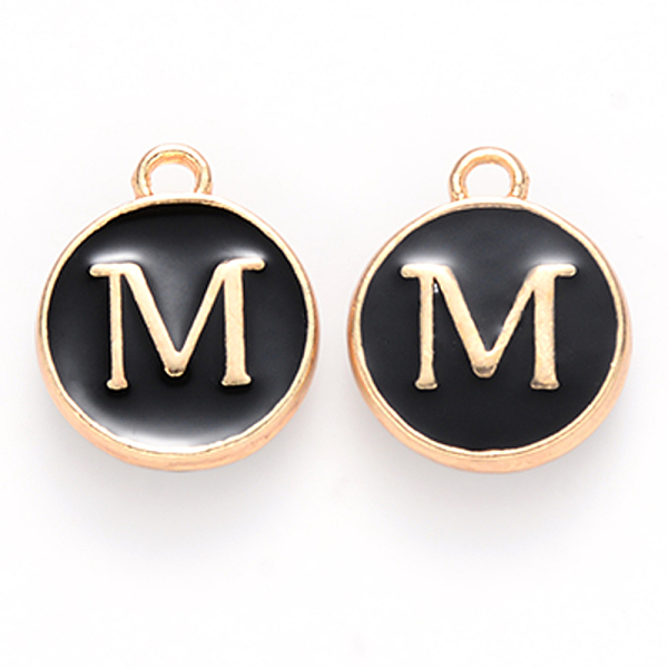 

PandaHall Golden Plated Alloy Charms, Cadmium Free & Lead Free, with Enamel, Enamelled Sequins, Flat Round with Letter, Black, Letter.M...