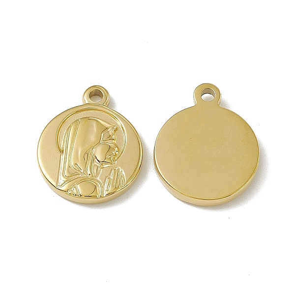 

PandaHall Vacuum Plating 201 Stainless Steel Pendants, Flat Round with Woman Charm, Real 18K Gold Plated, 18.5x15x2.5mm, Hole: 1.8mm 201...