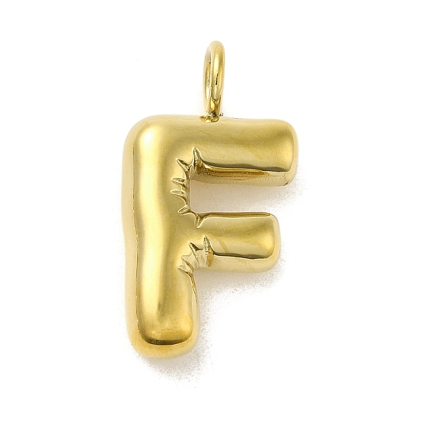 Ion Plating(IP) 304 Stainless Steel Pendants, Real 14K Gold Plated, Balloon Letter Charms, Bubble Puff Initial Charms, Letter F, 24x13x5mm, Hole: 4mm