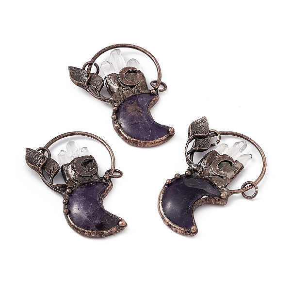 PandaHall Natural Amethyst Big Pendants, Moon Charms, with Rack Plating Red Copper Tone Brass Findings and Quartz Crystal, Cadmium Free &...