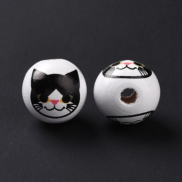 

PandaHall Printed Wood European Beads, Large Hole Beads, Round with Cat Pattern, Black, 15.5~16x14.5~15mm, Hole: 4.6mm Wood Round Black
