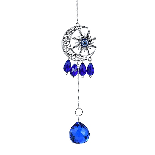 

PandaHall Glass Pendant Decorations, Suncatcher, with Iron Findings, Sun & Moon & Teardrop, Blue, 320mm Glass Blue