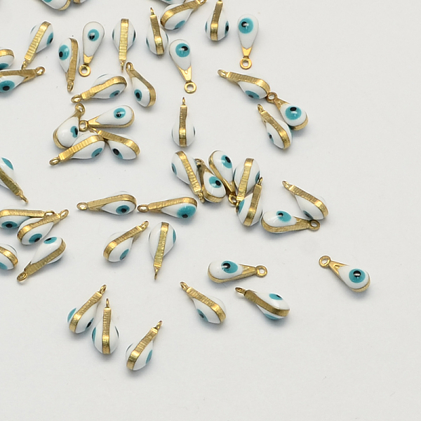 

PandaHall Antique Golden Plated Brass Enamel Charms, Teardrop with Eye, White, 11x4x4mm, Hole: 1mm Brass+Enamel Teardrop White