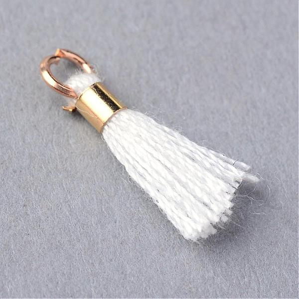 

PandaHall Polycotton(Polyester Cotton) Tassel Pendant Decorations, with Unwelded Iron Jump Rings, Golden, White, 10~16x2mm, Hole: 1.5mm...