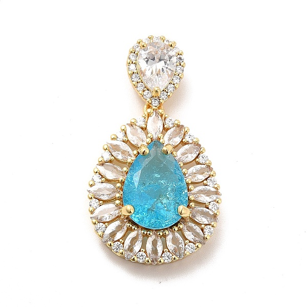 

PandaHall Brass Clear Cubic Zirconia Pendants, with Glass Rhinestone, Teardrop Charm, Real 18K Gold Plated, Light Sky Blue, 36mm, Hole...