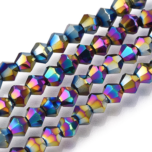 

PandaHall Electroplate Glass Bead Strands, Rainbow Plated, Faceted Bicone, Multi-color Plated, 4x4.5mm, Hole: 1mm, about 82~85pcs/strand...