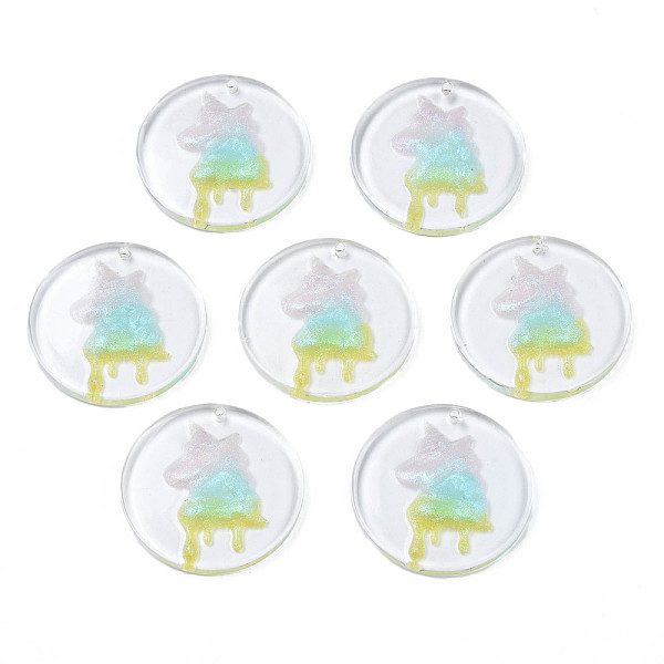 PandaHall Transparent Resin Pendants, with Glitter Powder, Flat Round with Unicorn, Colorful, 27.5~28x3~3.5mm, Hole: 1.4mm Resin Flat Round