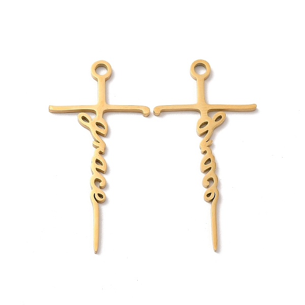 

PandaHall Ion Plating(IP) 304 Stainless Steel Pendants, Laser Cut, Cross with Word Grace Charm, Real 18K Gold Plated, 39x20x1mm, Hole: 2.5mm...