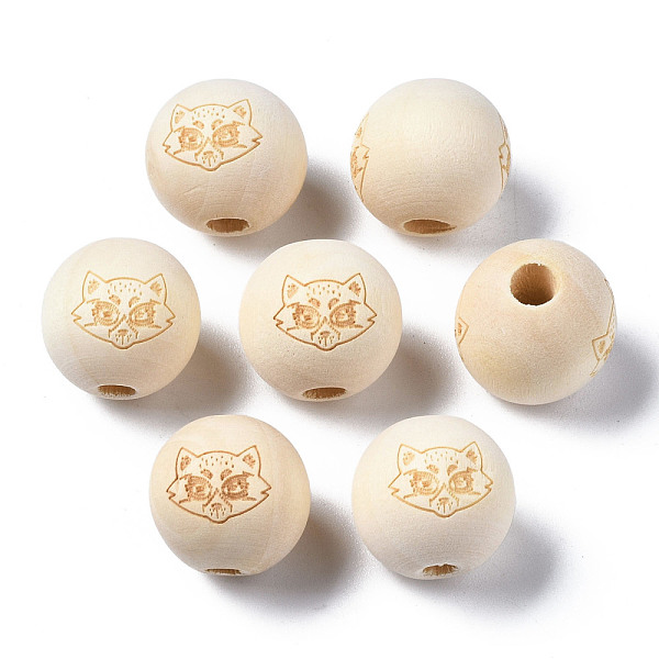 

PandaHall Unfinished Natural Wood European Beads, Large Hole Beads, Laser Engraved Pattern, Round with Fox, Old Lace, 15~16x14~15mm, Hole...