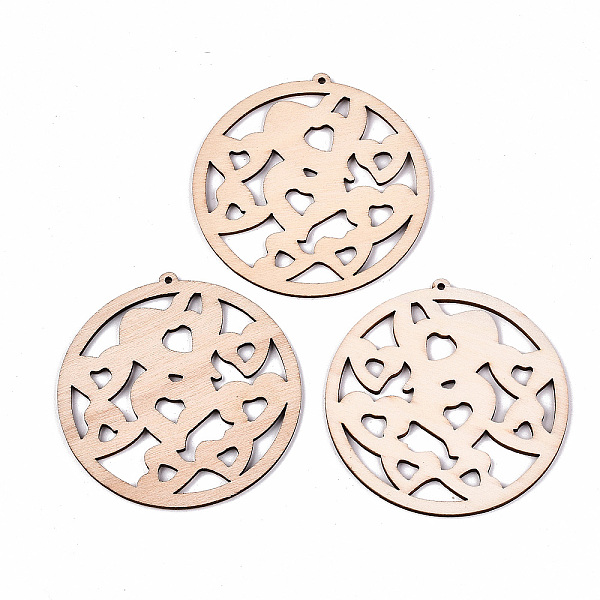 

PandaHall Undyed Natural Hollow Wooden Big Pendants, Laser Cut Shapes, Donut with Heart, Antique White, 61.5x59.5x2mm, Hole: 1.8mm Wood...