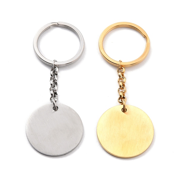 PandaHall 304 Stainless Steel Keychain, Stamping Blank Tag, Flat Round, Mixed Color, 88mm Stainless Steel Flat Round