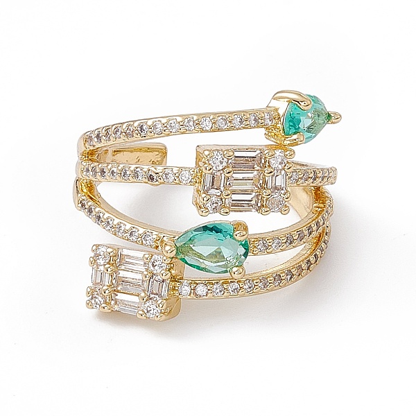 

PandaHall Aquamarine Cubic Zircon Teardrop and Rectangle Open Cuff Ring, Rack Plating Brass Jewelry for Women, Cadmium Free & Nickel Free &..., Green