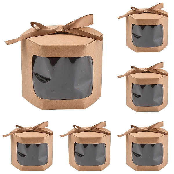 10Pcs Hexagon Kraft Paper Cake Boxes with Visual Window and Ribbon