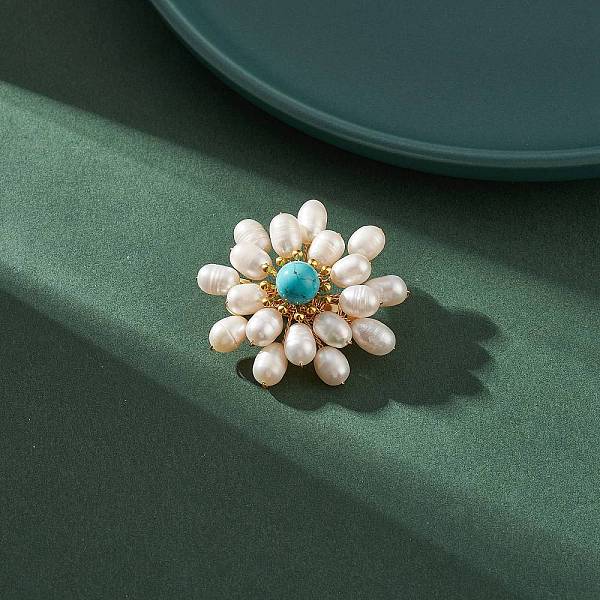 

PandaHall Synthetic Green Turquoise & Natural Pearl Braided Bead Flower Lapel Pin, Golden 304 Stainless Steel Brooch for Women, 42x40x13mm...