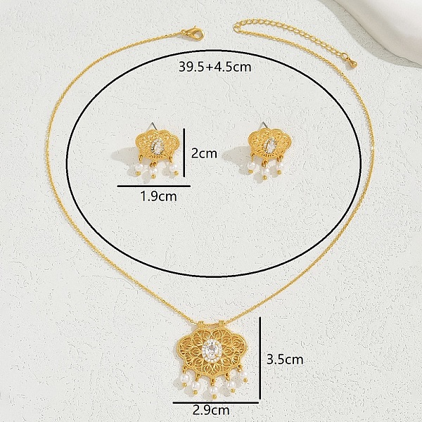 

PandaHall Elegant New Chinese Style Jewelry Set with Zirconia Flower Necklace and Earrings. Brass