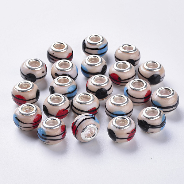 

PandaHall Handmade Lampwork European Beads, Large Hole Beads, with Silver Color Plated Brass Double Cores, Rondelle, Colorful, 14x11mm, Hole...