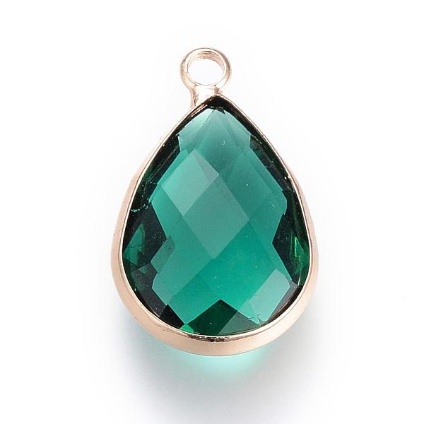 

PandaHall Glass Pendants, with Brass Findings, Faceted, Drop, Light Gold, Green, 18x10.5x4.5mm, Hole: 1.8~2.3mm Brass+Glass Teardrop Green