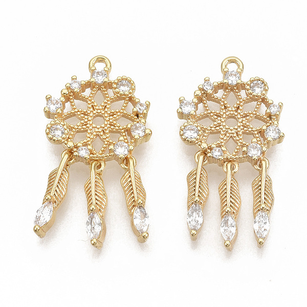 

PandaHall Brass Micro Pave Clear Cubic Zirconia Pendants, Nickel Free, Real 18K Gold Plated, Woven Net/Web with Feather, Clear, 27.5mm, Hole...