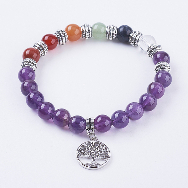 

PandaHall Natural Amethyst Stretch Bracelets, with Mixed Stone, Alloy Findings and Brass Pendants, Flat Round with Tree of Life, Antique..., Multicolor