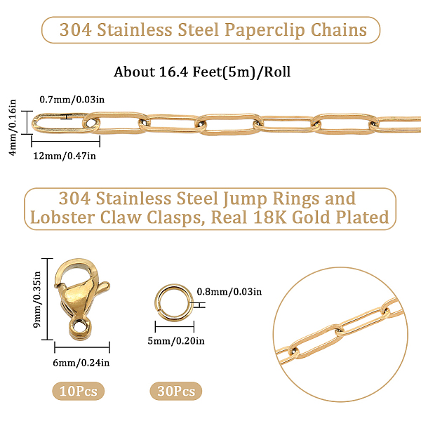 

PandaHall SUNNYCLUE 1 Roll 16.4Feet/5m Stainless Steel Paperclip Chain Bulk 12x4mm Golden Paper Clip Chains Links Real 18K Gold Plated 10Pcs...