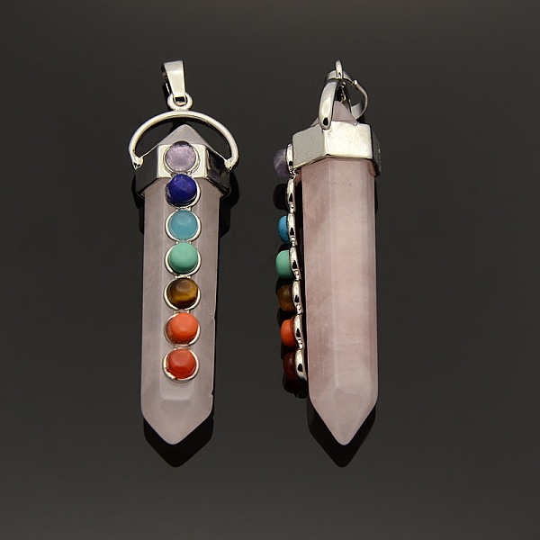 

PandaHall Yoga Chakra Jewelry Platinum Plated Brass Gemstone Double Terminated Pointed Big Pendants, Rose Quartz, 58x17x16mm, Hole: 7x6mm...