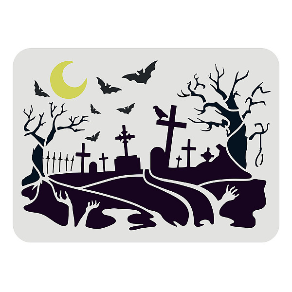 PandaHall FINGERINSPIRE Graveyard Stencil 29.7x21cm Halloween Reusable Painting Stencil with Moon Bat Cemetery Withered Tree Design DIY...