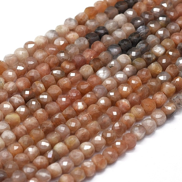 PandaHall Natural Sunstone Beads Strands, Faceted, Square, 4x4x4mm, Hole: 0.7mm, about 80pcs/strand, 15.55 inch(39.5cm) Sunstone Square