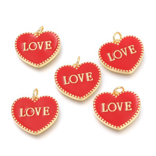 

PandaHall Brass Enamel Pendants, Long-Lasting Plated, Real 18K Gold Plated, with Jump Rings, for Valentine's Day, Heart with Word LOVE, Red...